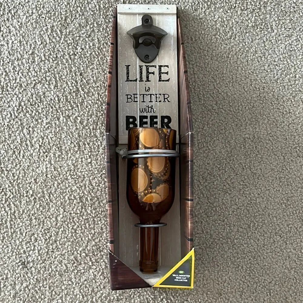 Wall Mounted Beer Cap Collector with Upside Down Glass Bottle and Cap Opener